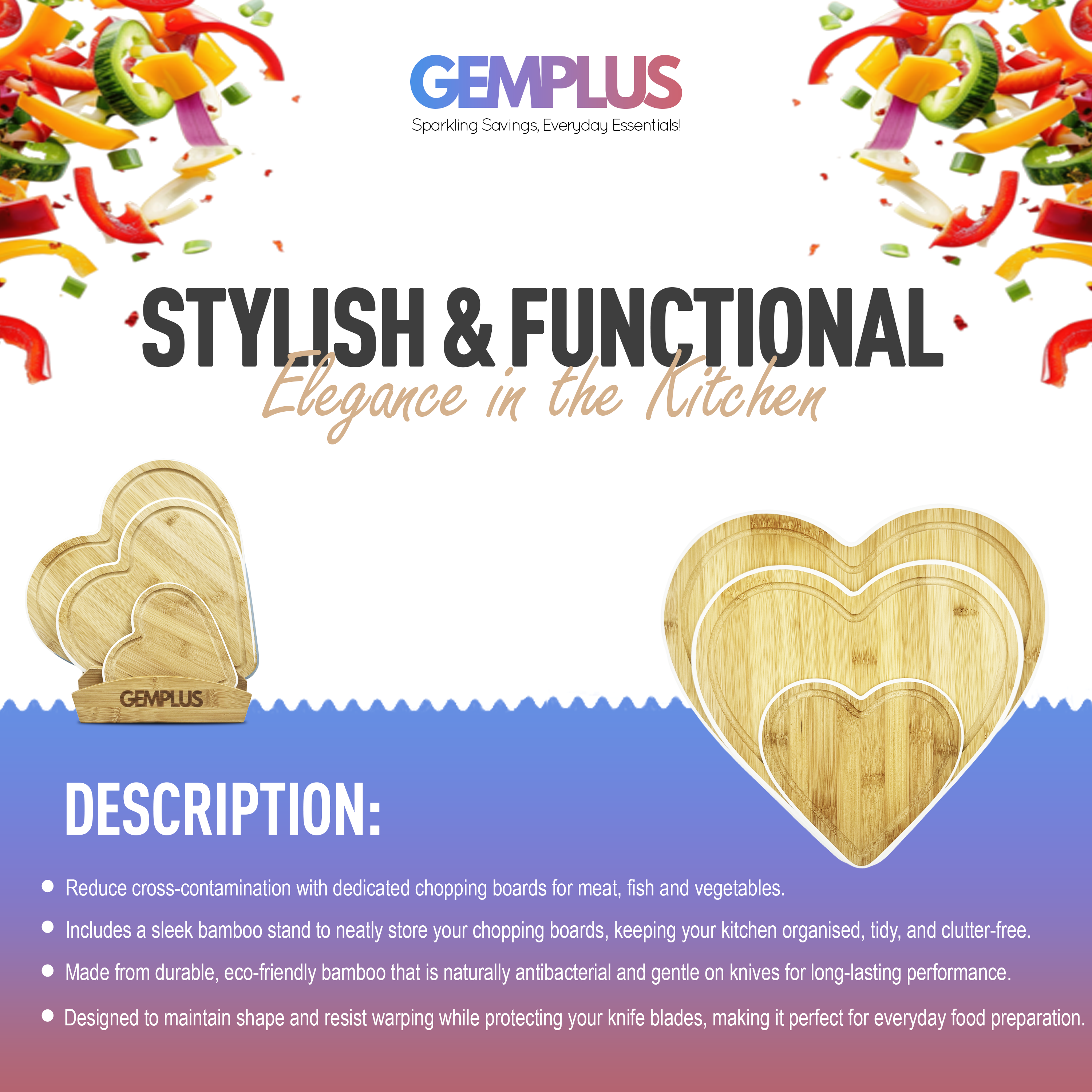 GEM+ | Heart Shaped Bamboo Chopping Boards Set of 3 White Trim with Stand – Wooden Cutting Boards Set