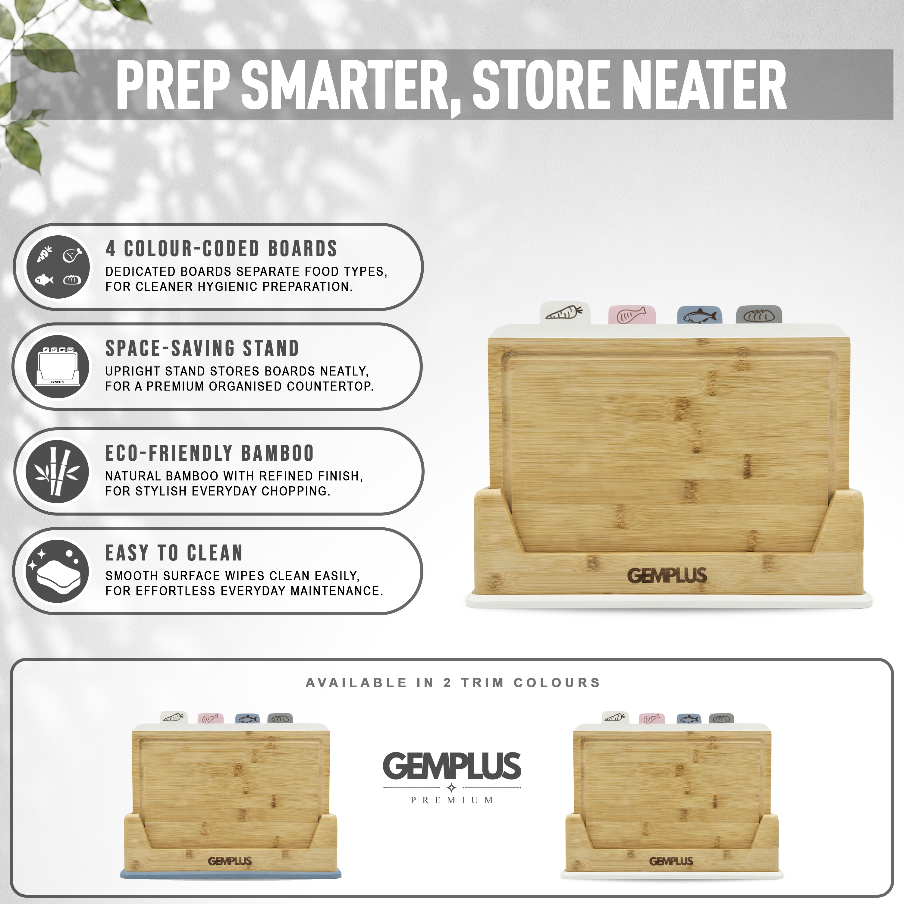 GEM+ | 4 PCS Premium Natural Bamboo Color Coded Chopping Board Set - White