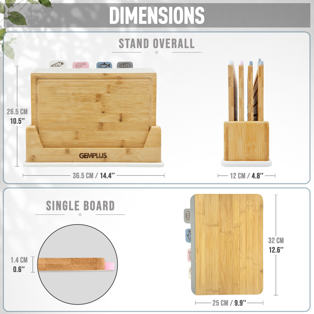 GEM+ | 4 PCS Premium Natural Bamboo Color Coded Chopping Board Set - White