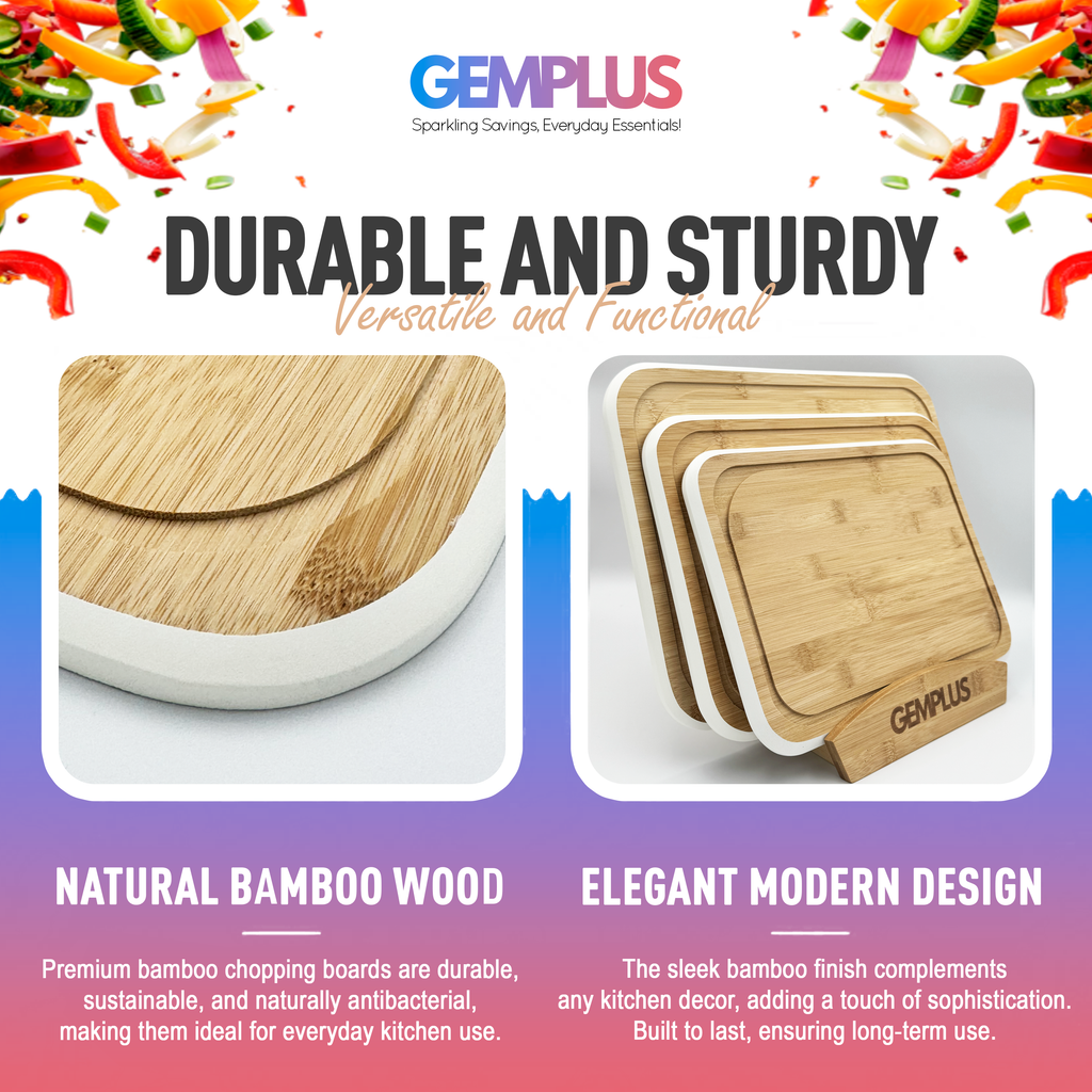 GEM+ | Bamboo Chopping Boards Set with Stand White Trim – 3 Piece Wooden Kitchen Cutting Board Set