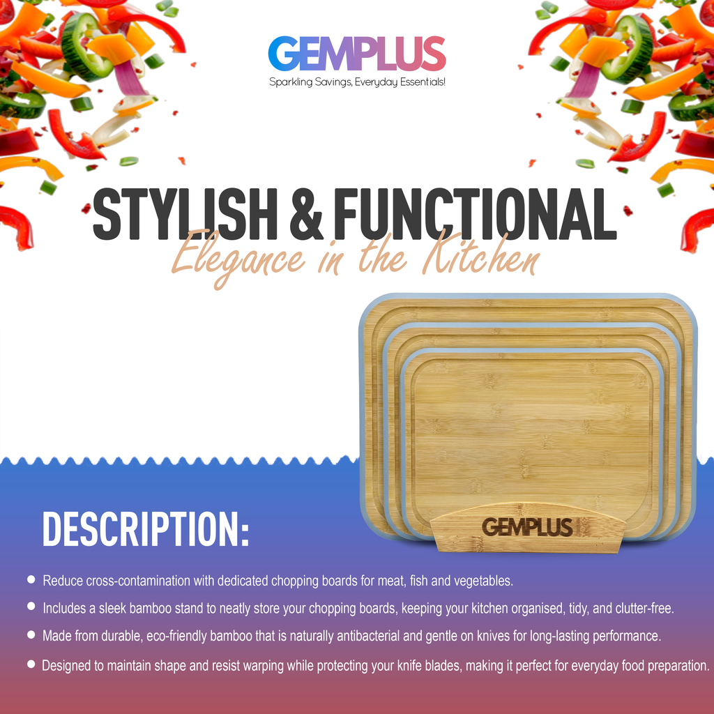 GEM+ | Bamboo Chopping Boards Set with Stand Blue Trim – 3 Piece Wooden Kitchen Cutting Board Set