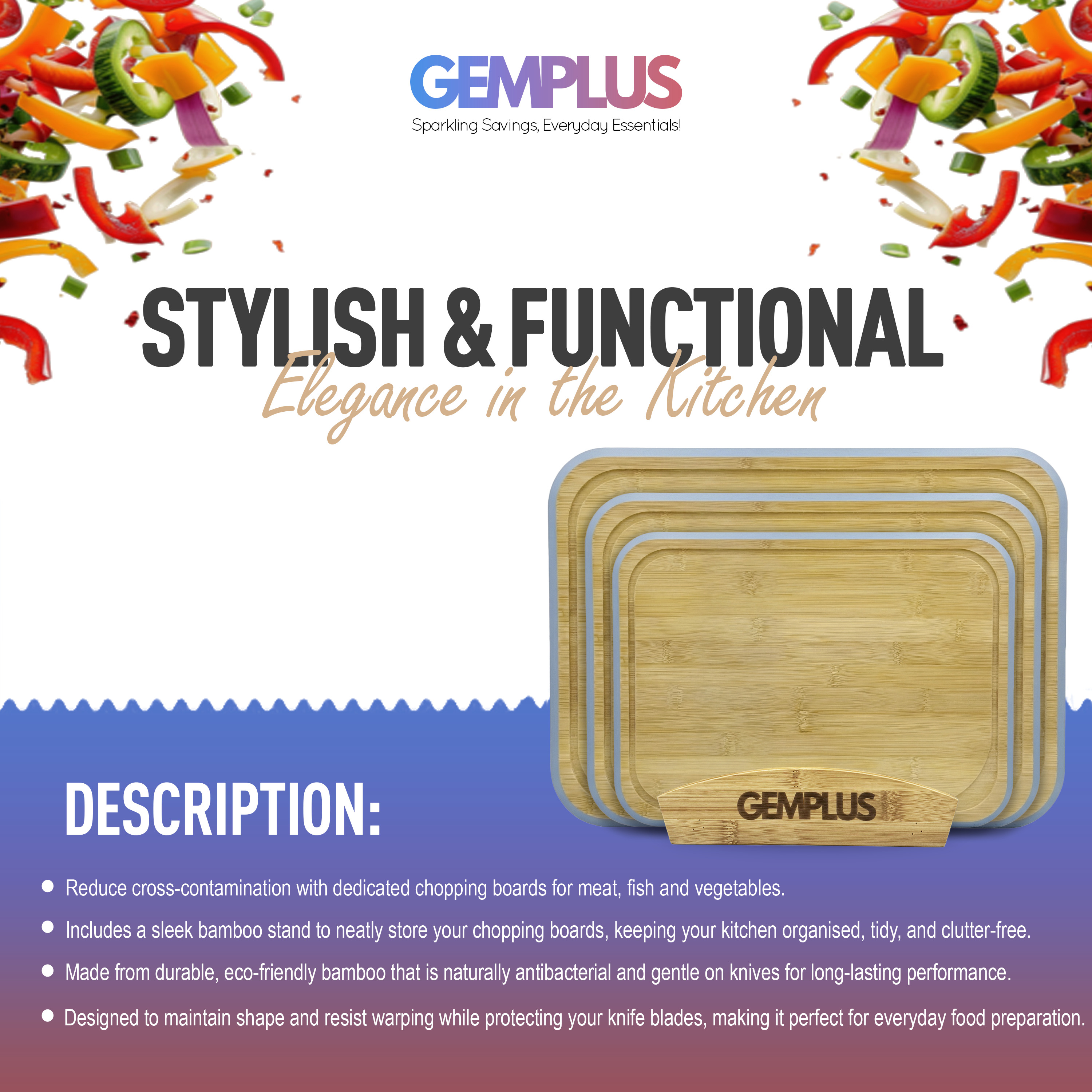 GEM+ | Bamboo Chopping Boards Set with Stand Blue Trim – 3 Piece Wooden Kitchen Cutting Board Set