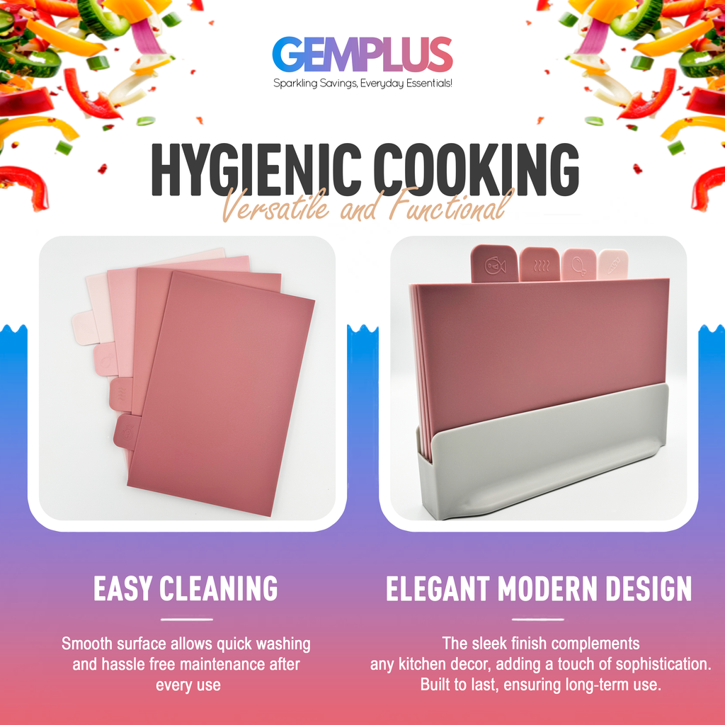 GEM+ | Chopping Boards Set of 4 Pink with Stand – Plastic Cutting Boards Kitchen Set with Holder