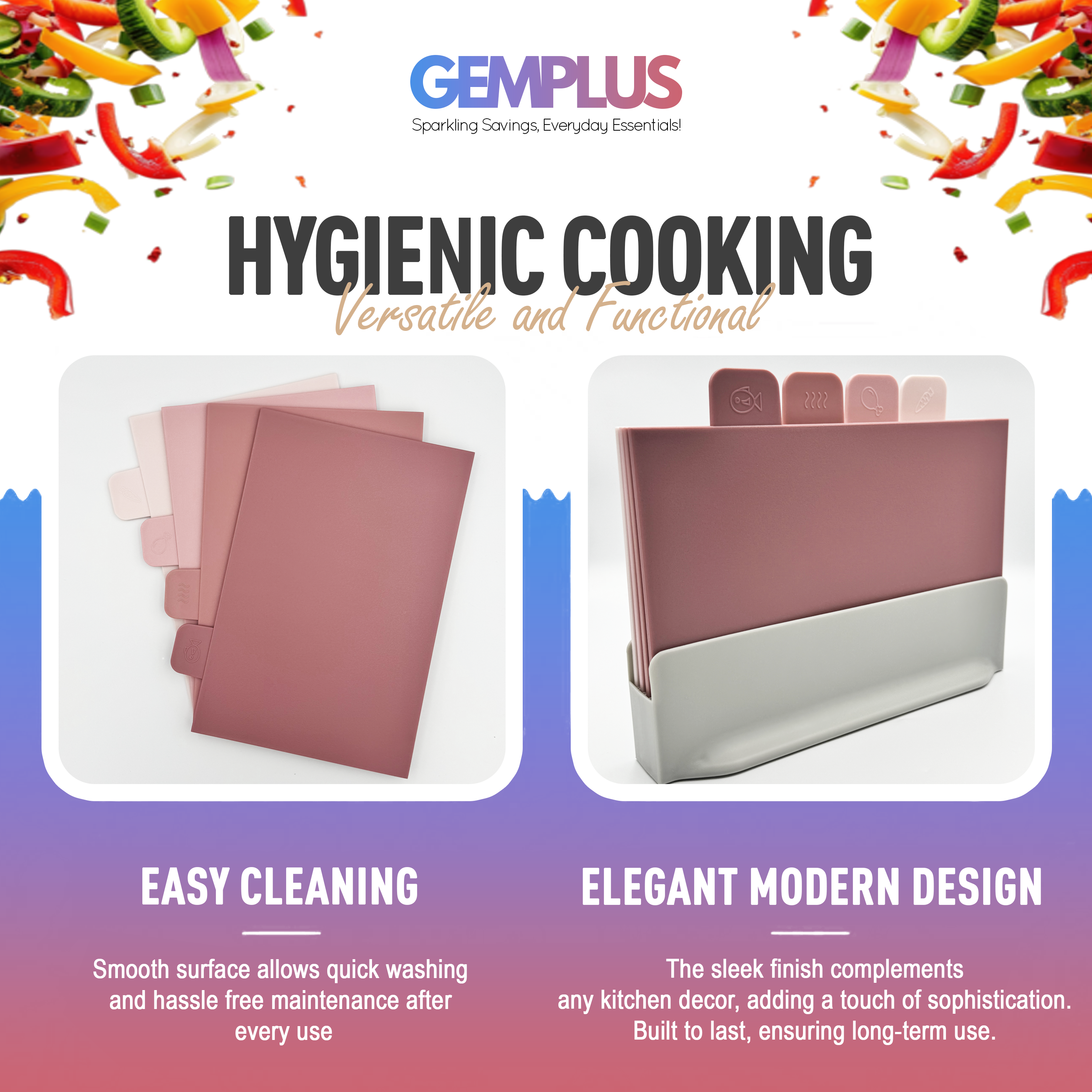 GEM+ | Chopping Boards Set of 4 Pink with Stand – Plastic Cutting Boards Kitchen Set with Holder