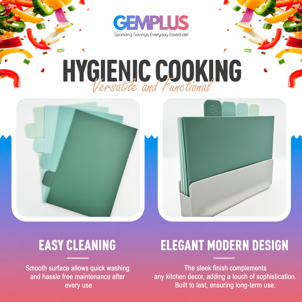 GEM+ | Chopping Boards Set of 4 Green with Stand – Plastic Kitchen Cutting Boards with Holder