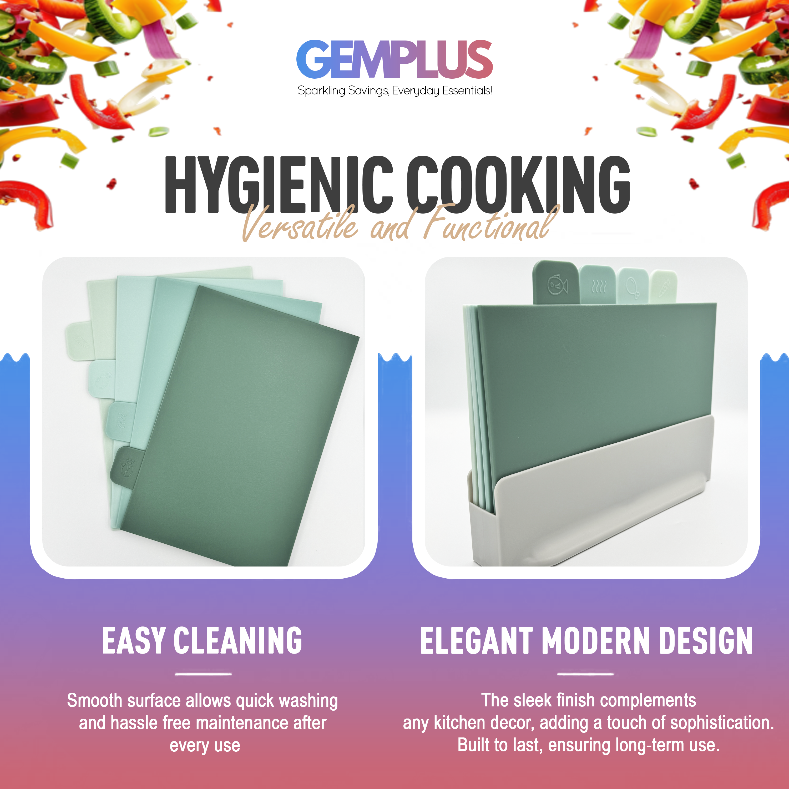 GEM+ | Chopping Boards Set of 4 Green with Stand – Plastic Kitchen Cutting Boards with Holder