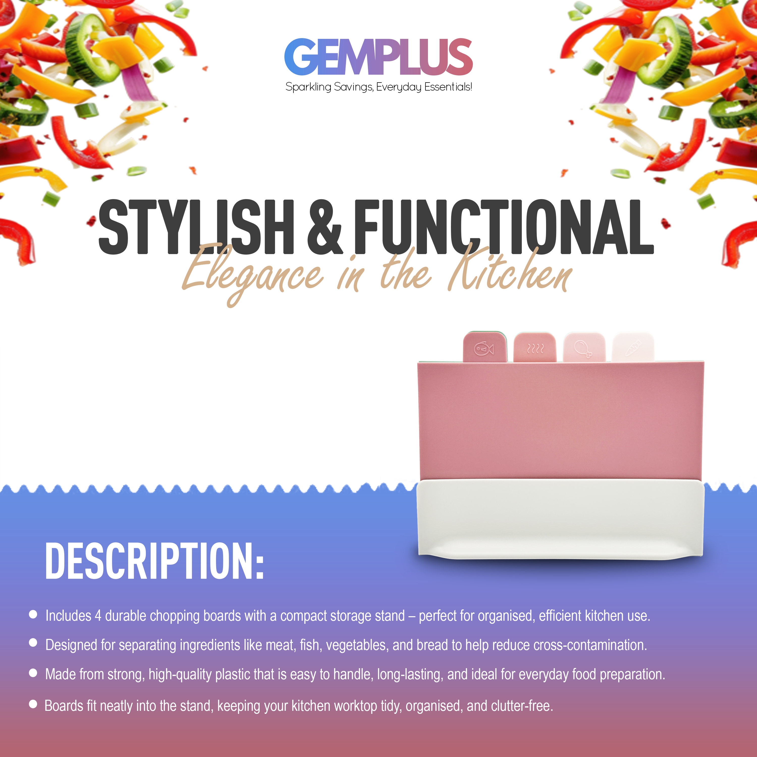 GEM+ | Chopping Boards Set of 4 Pink with Stand – Plastic Cutting Boards Kitchen Set with Holder
