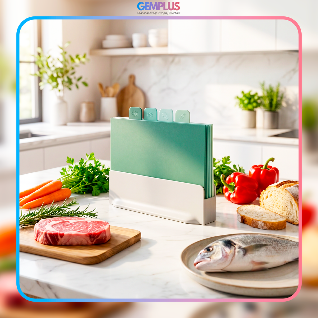 GEM+ | Chopping Boards Set of 4 Green with Stand – Plastic Kitchen Cutting Boards with Holder