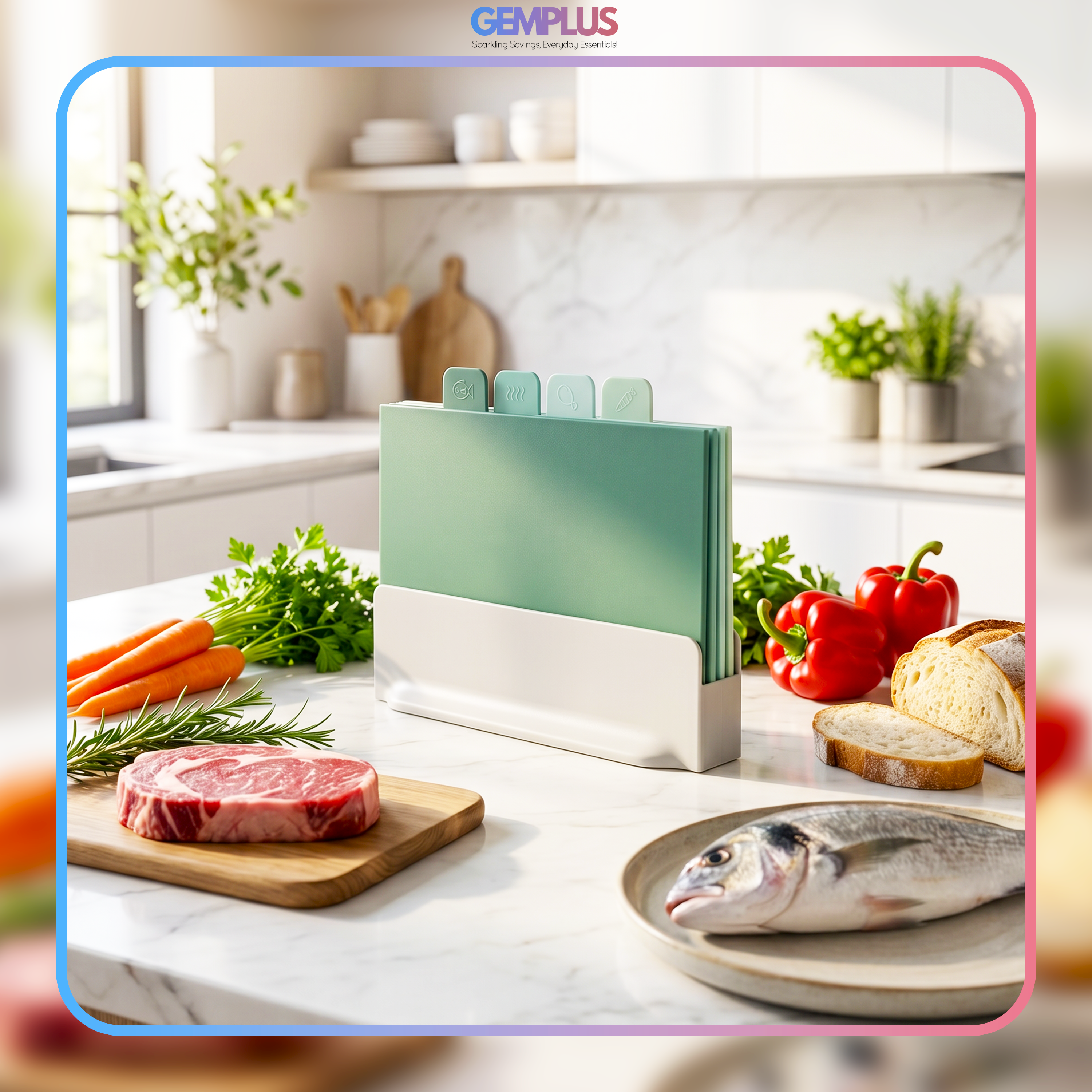 GEM+ | Chopping Boards Set of 4 Green with Stand – Plastic Kitchen Cutting Boards with Holder