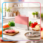 GEM+ | Chopping Boards Set of 4 Pink with Stand – Plastic Cutting Boards Kitchen Set with Holder