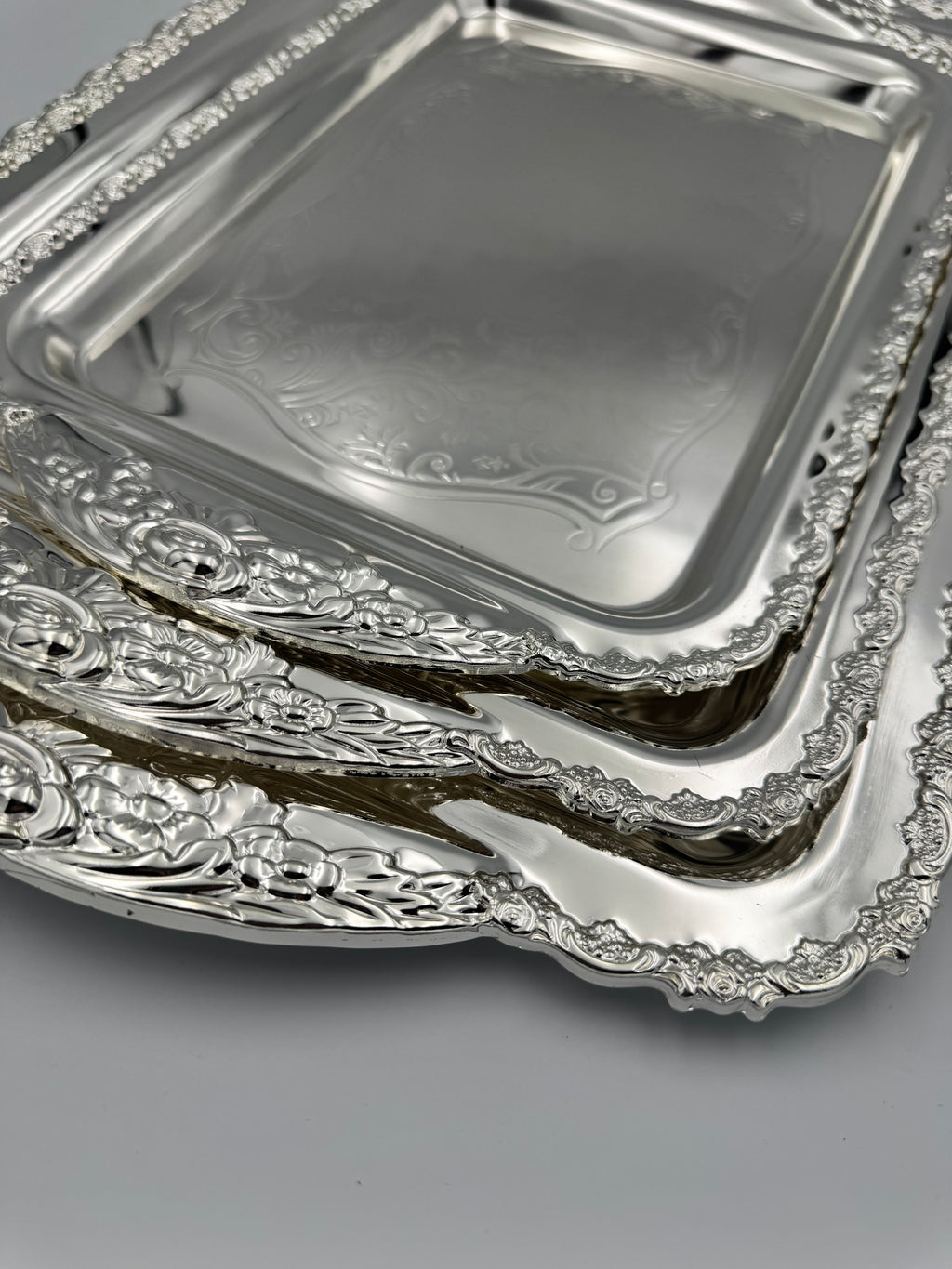 GEM+ | Premium 3-Piece Silver-Plated Vintage Tray Set – Elegant Ornate Durable