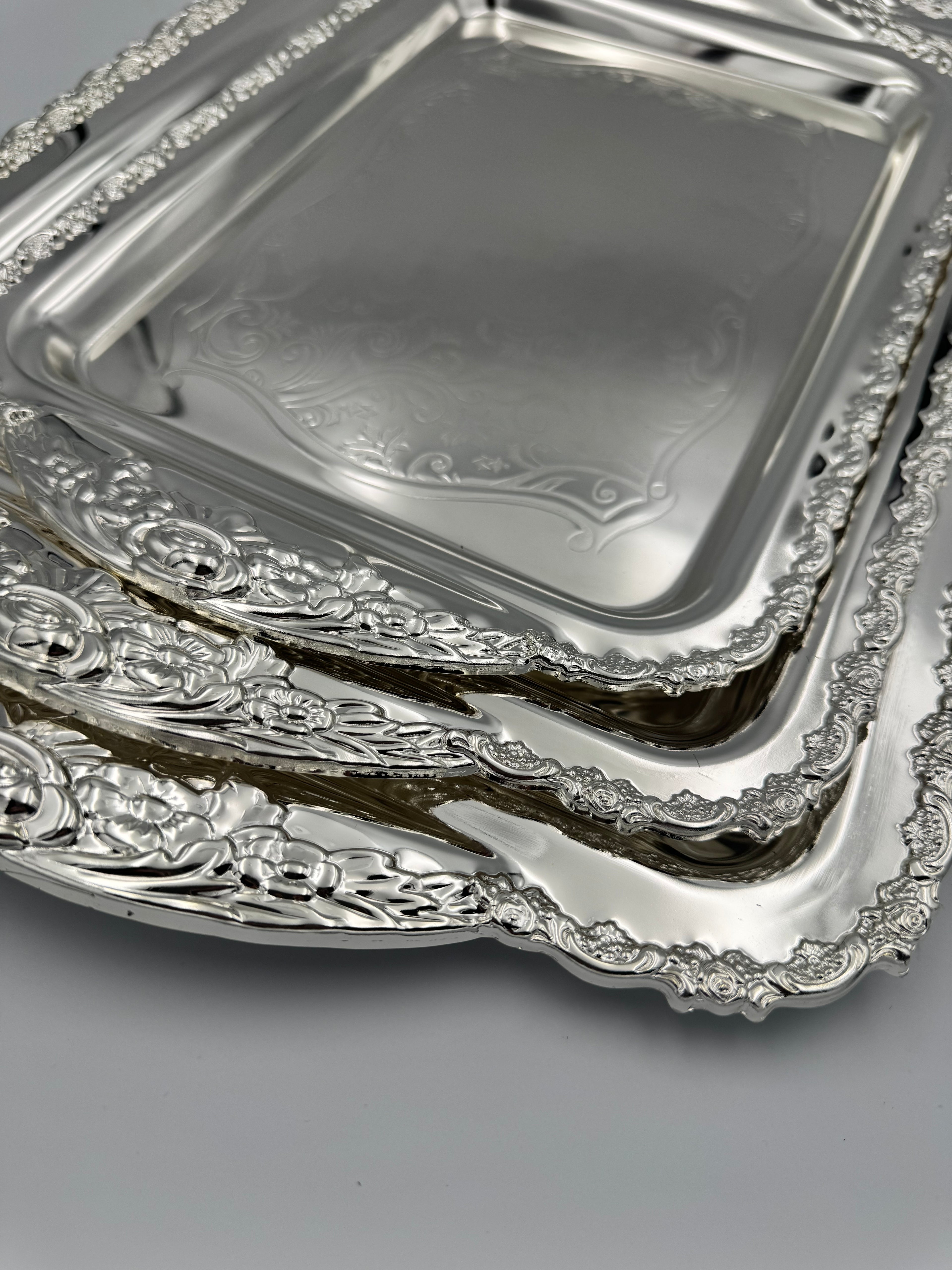 GEM+ | Premium 3-Piece Silver-Plated Vintage Tray Set – Elegant Ornate Durable