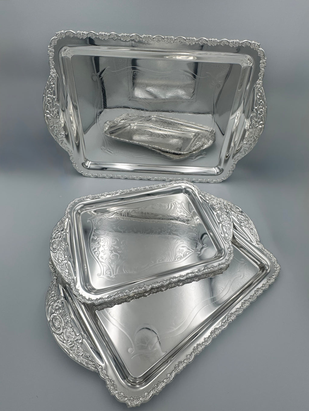 GEM+ | Premium 3-Piece Silver-Plated Vintage Tray Set – Elegant Ornate Durable