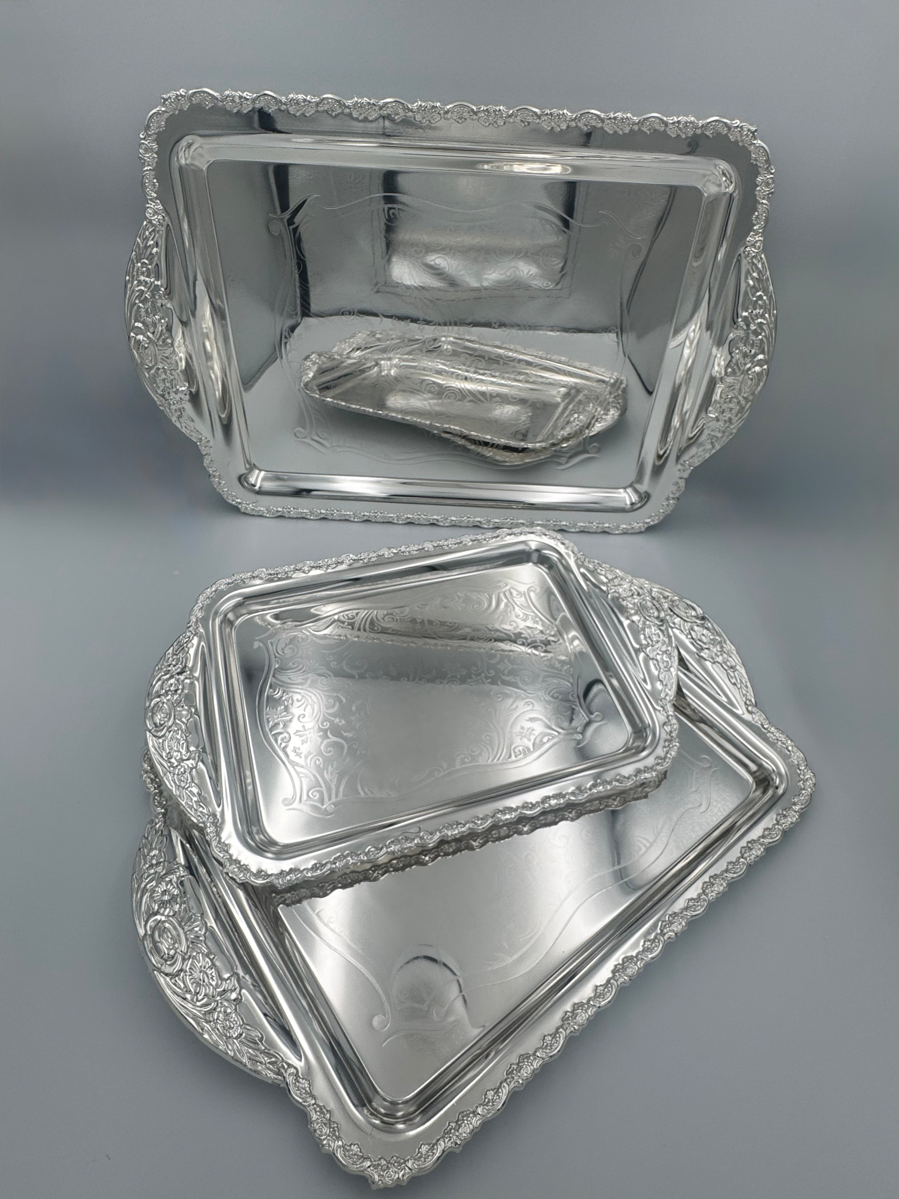 GEM+ | Premium 3-Piece Silver-Plated Vintage Tray Set – Elegant Ornate Durable