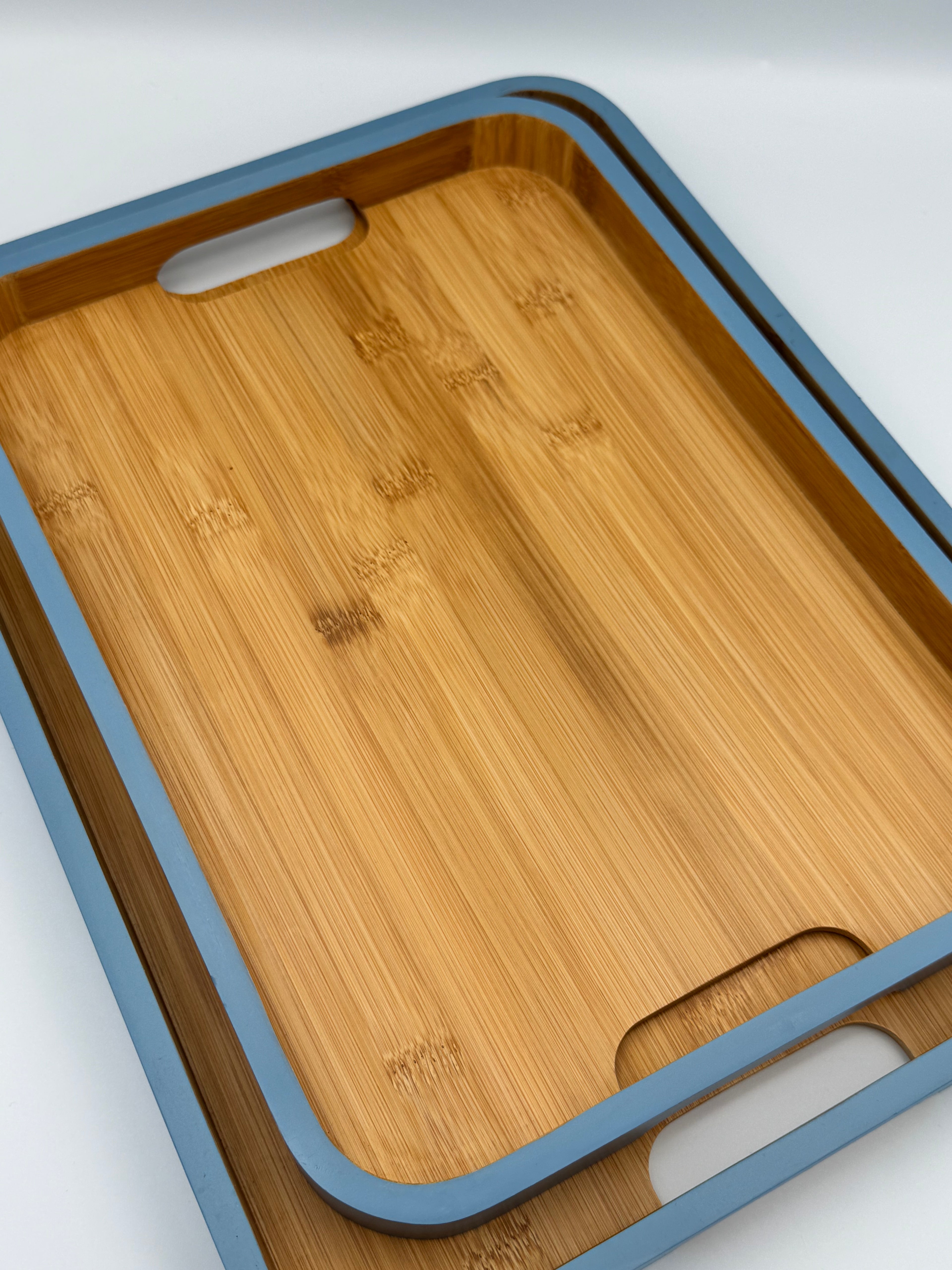 GEM+ | 2pcs Bamboo Serving Tray Set – Blue Trim | Nested Rectangular Trays | Eco-Friendly Kitchen