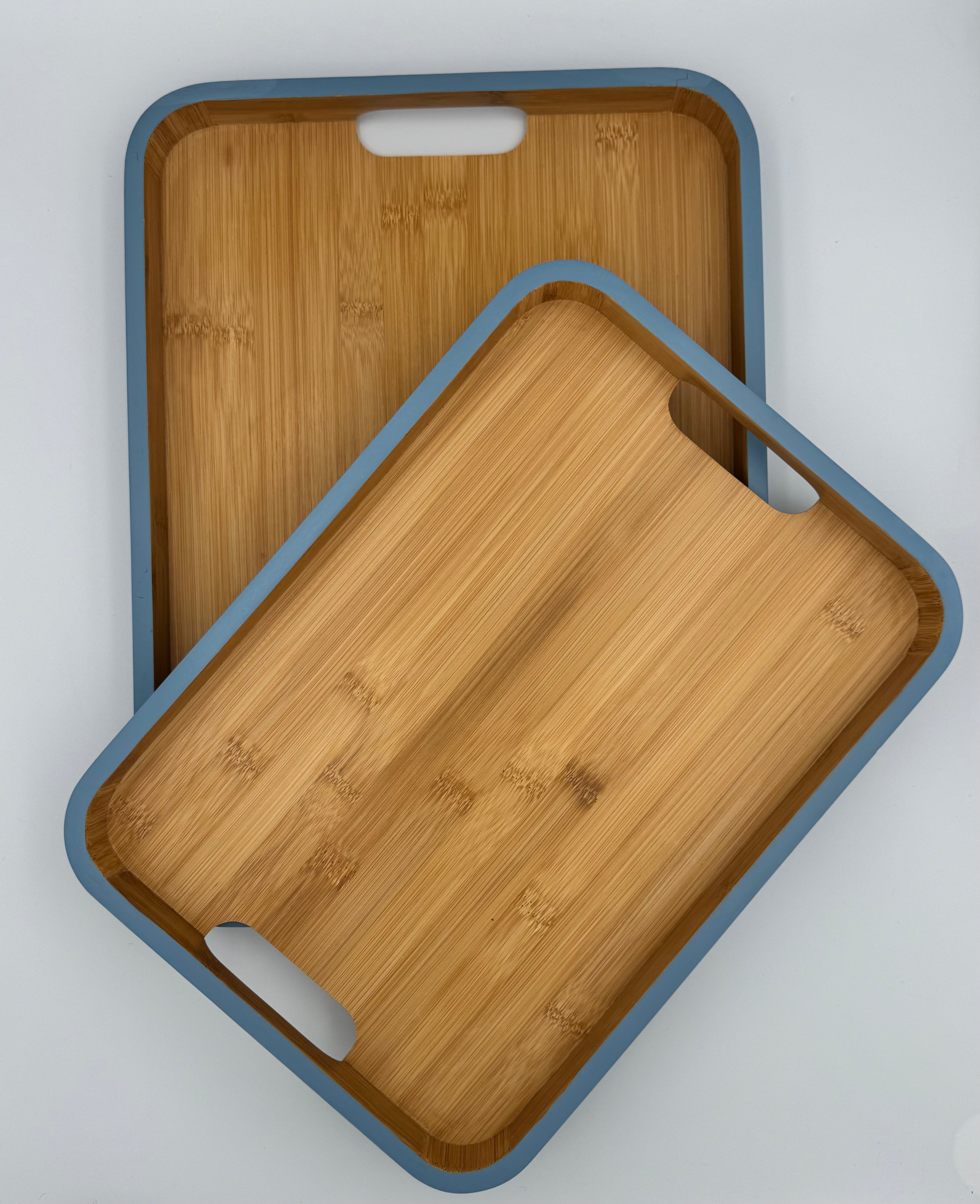 GEM+ | 2pcs Bamboo Serving Tray Set – Blue Trim | Nested Rectangular Trays | Eco-Friendly Kitchen