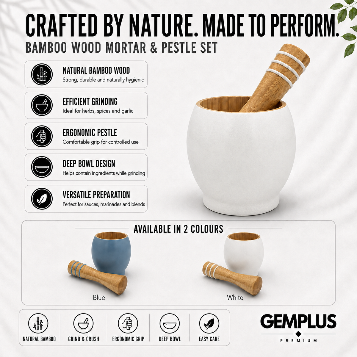 Bamboo Mortar and Pestle Set, White