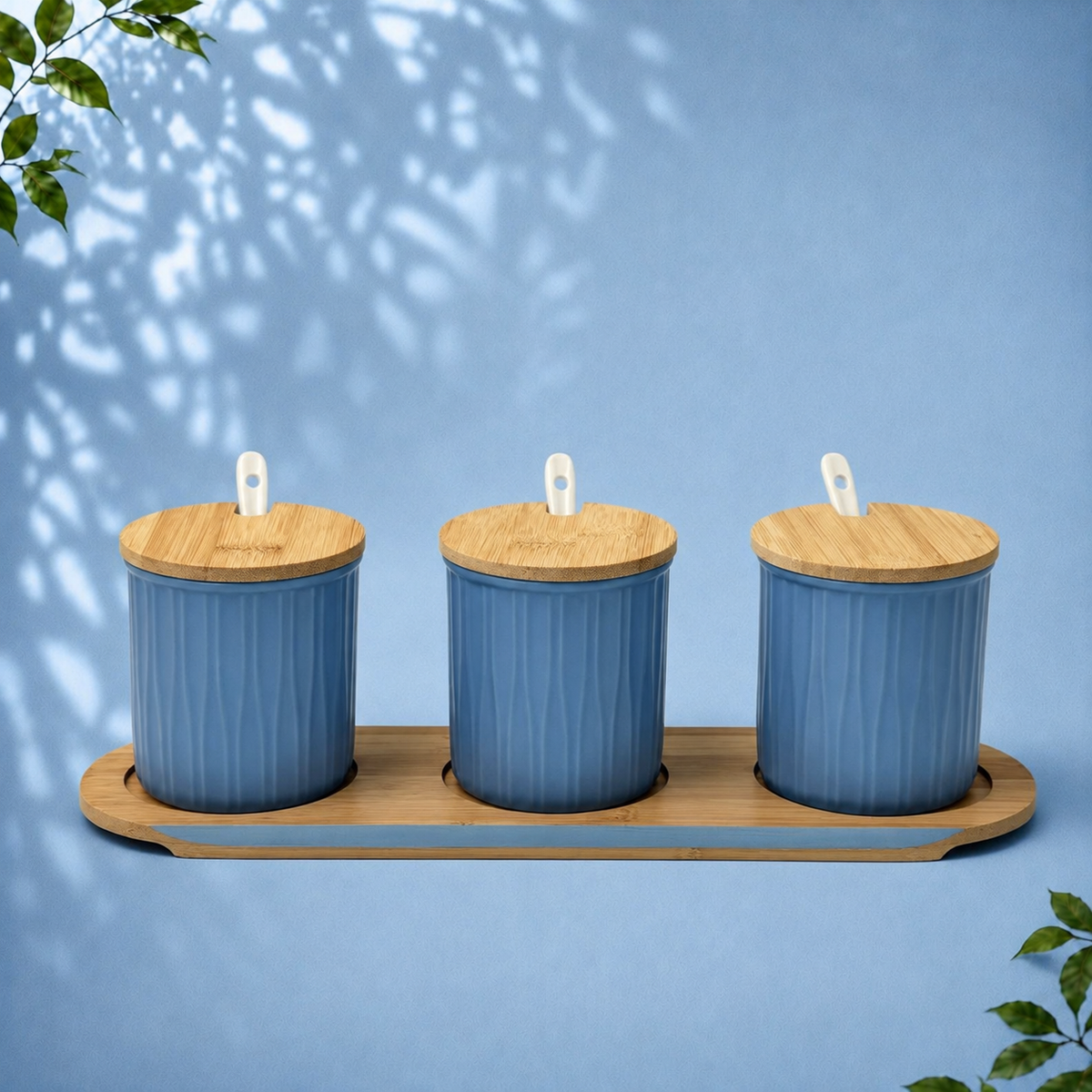 3 Ceramic Storage Jars with Bamboo Tray, Blue