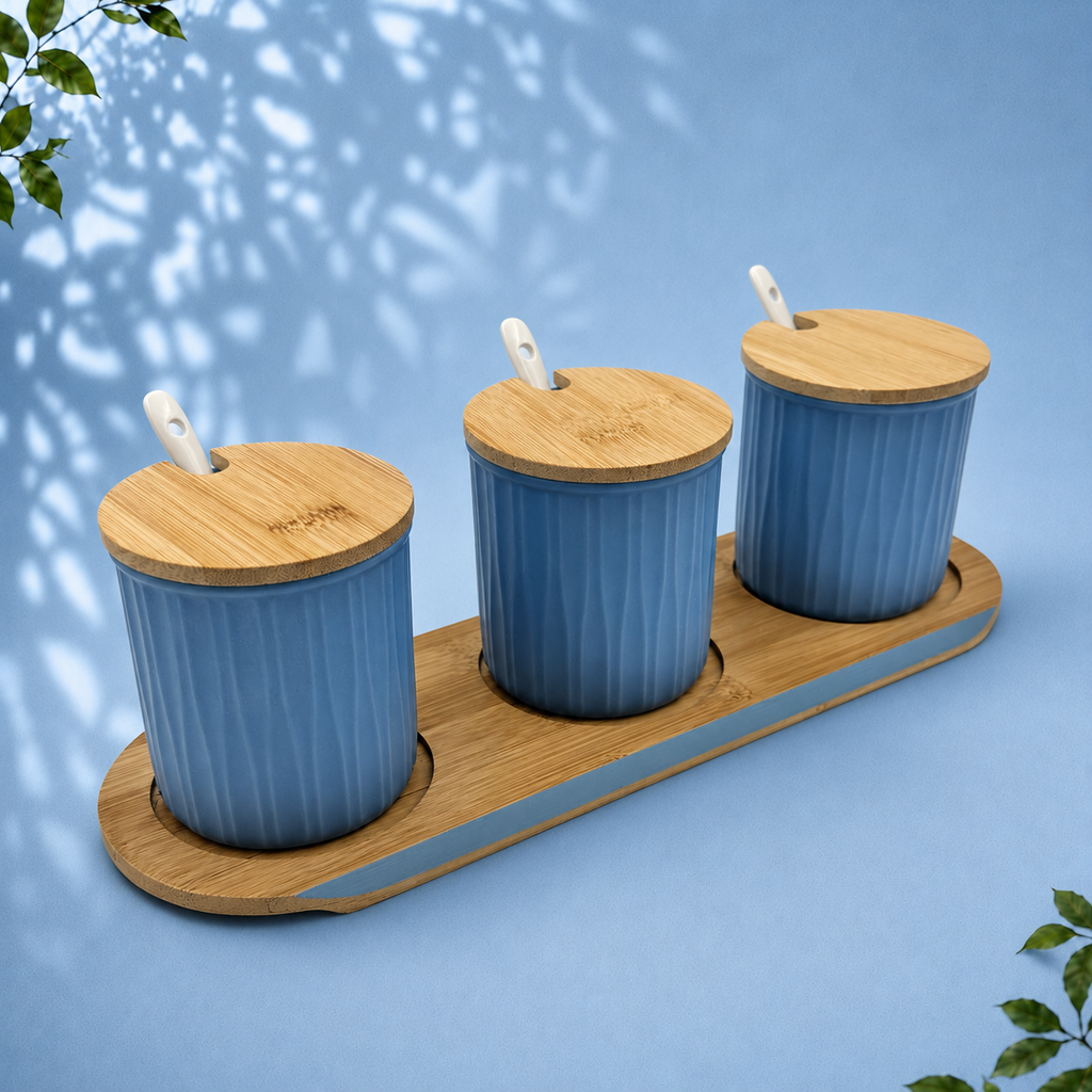 3 Ceramic Storage Jars with Bamboo Tray, Blue
