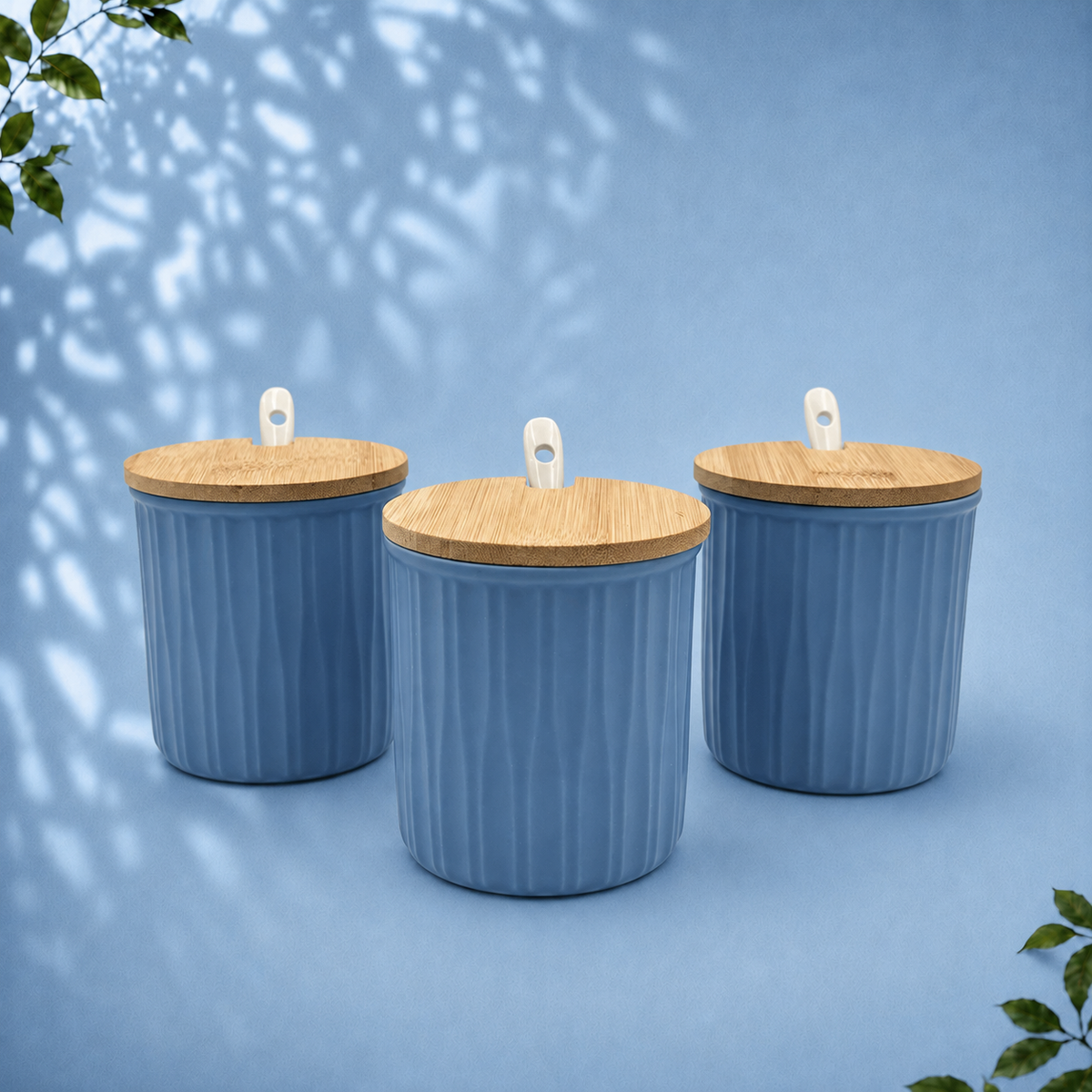 3 Ceramic Storage Jars with Bamboo Tray, Blue