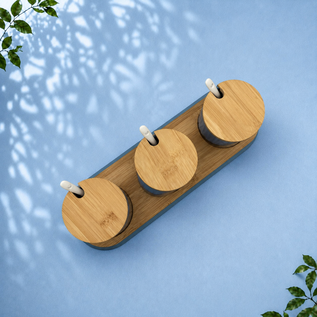 3 Ceramic Storage Jars with Bamboo Tray, Blue