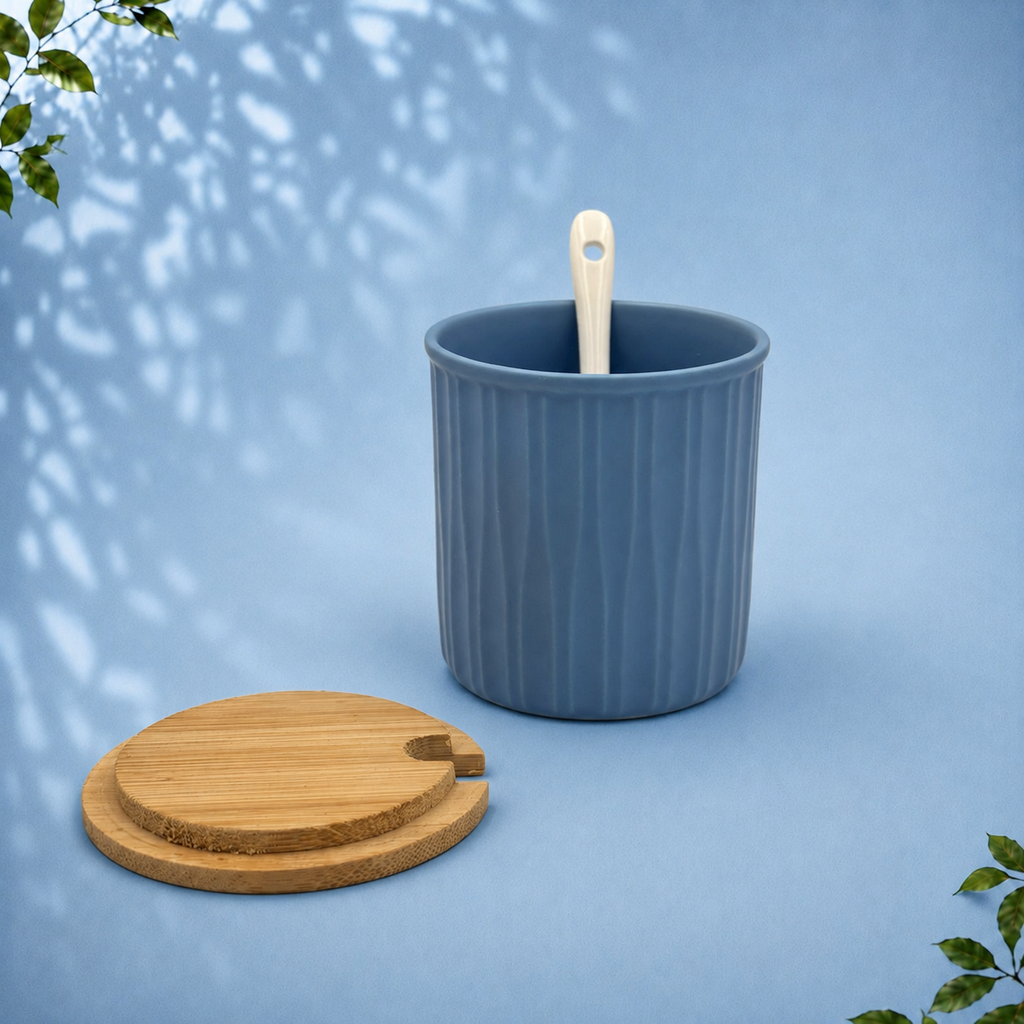 3 Ceramic Storage Jars with Bamboo Tray, Blue