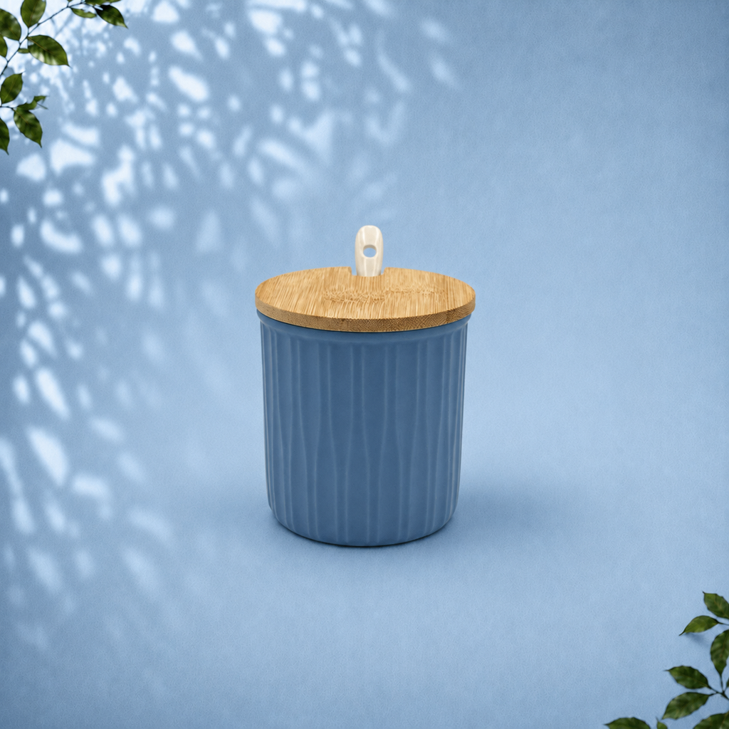 3 Ceramic Storage Jars with Bamboo Tray, Blue