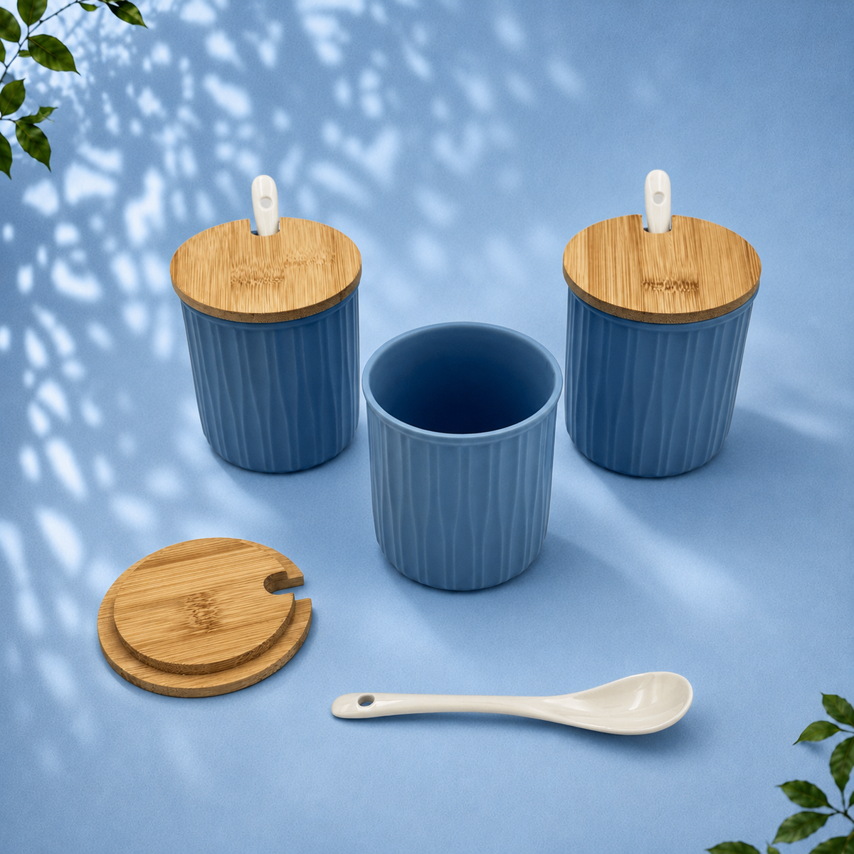 3 Ceramic Storage Jars with Bamboo Tray, Blue