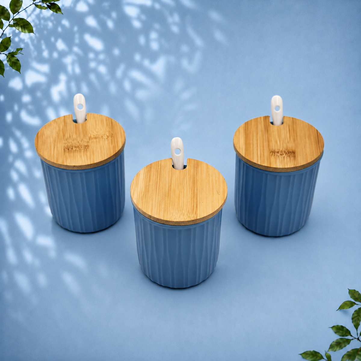 3 Ceramic Storage Jars with Bamboo Tray, Blue