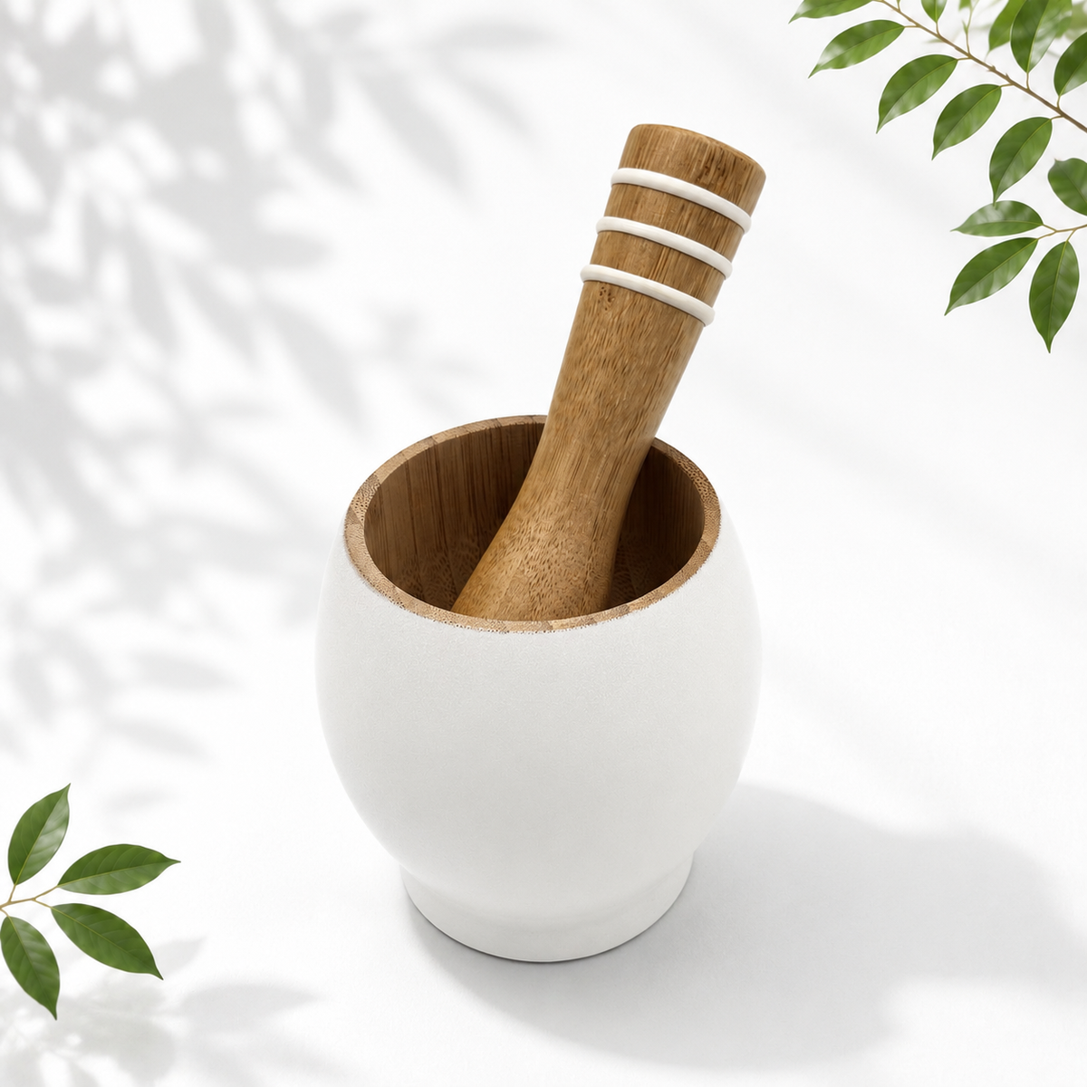 Bamboo Mortar and Pestle Set, White