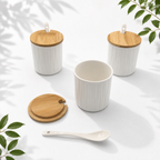 3 Ceramic Storage Jars with Bamboo Tray, White