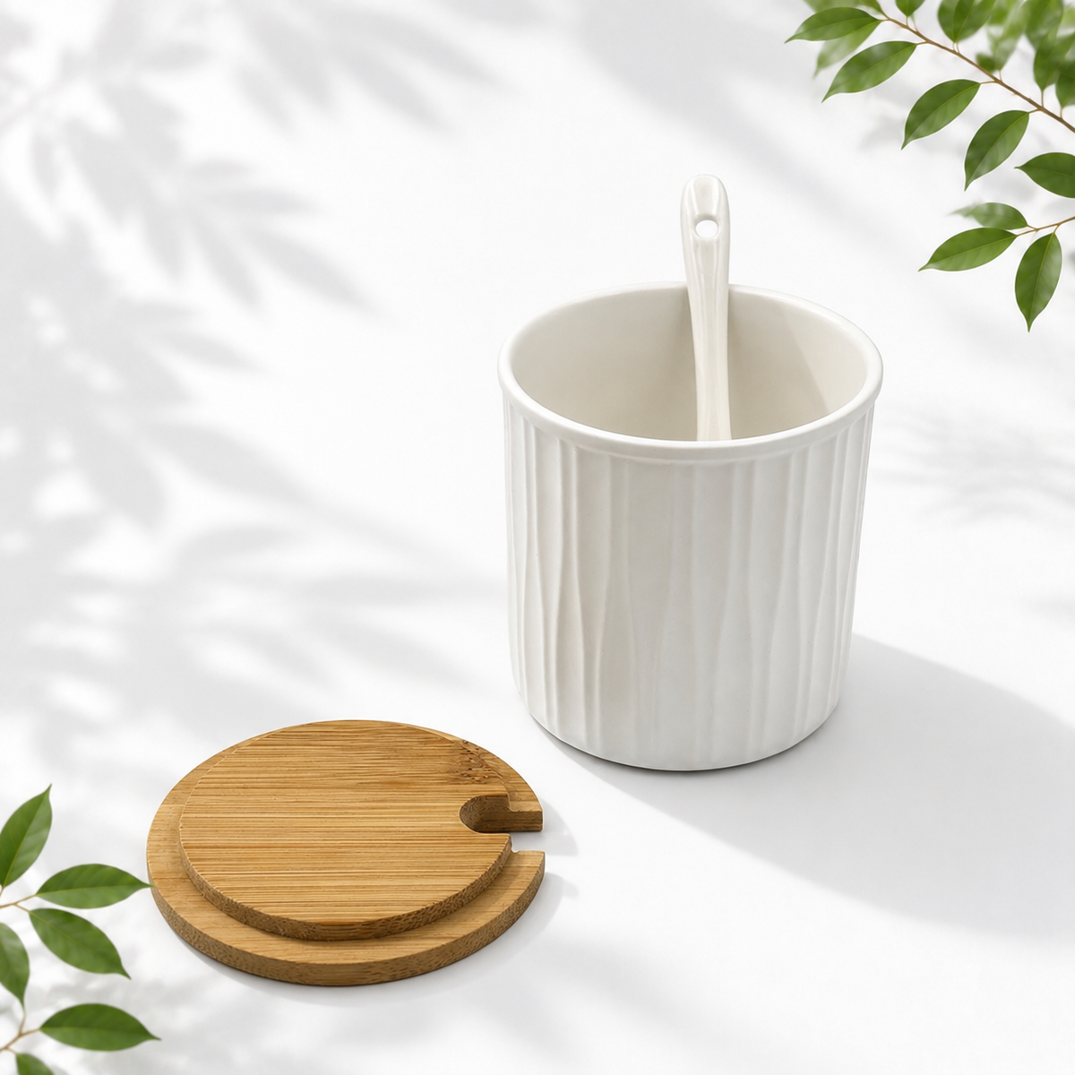 3 Ceramic Storage Jars with Bamboo Tray, White