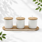 3 Ceramic Storage Jars with Bamboo Tray, White