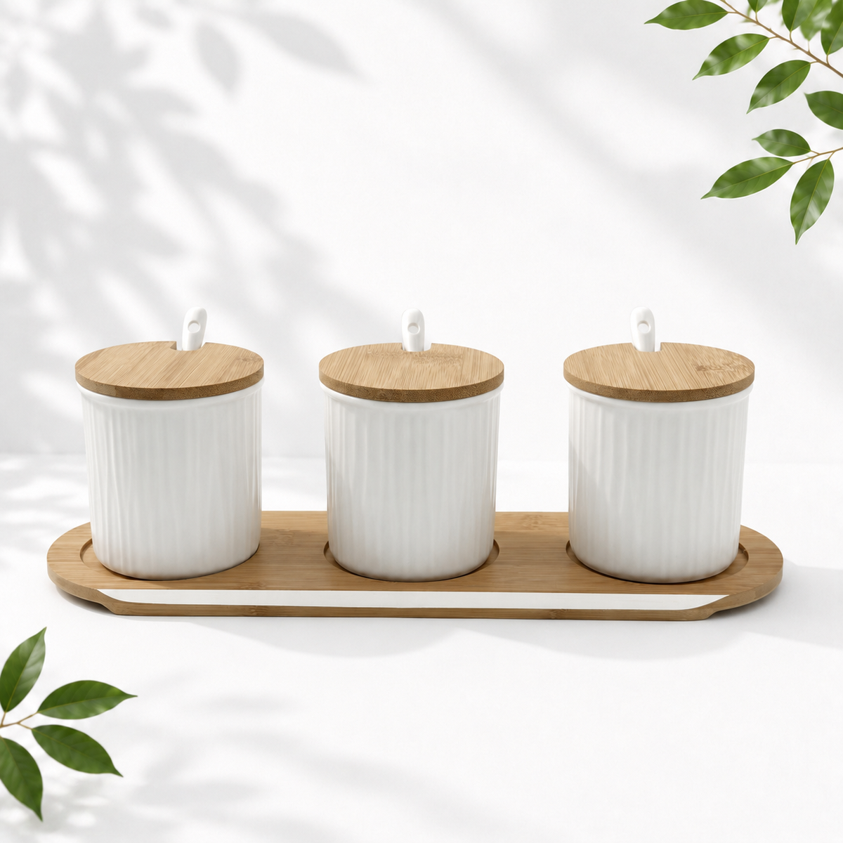3 Ceramic Storage Jars with Bamboo Tray, White