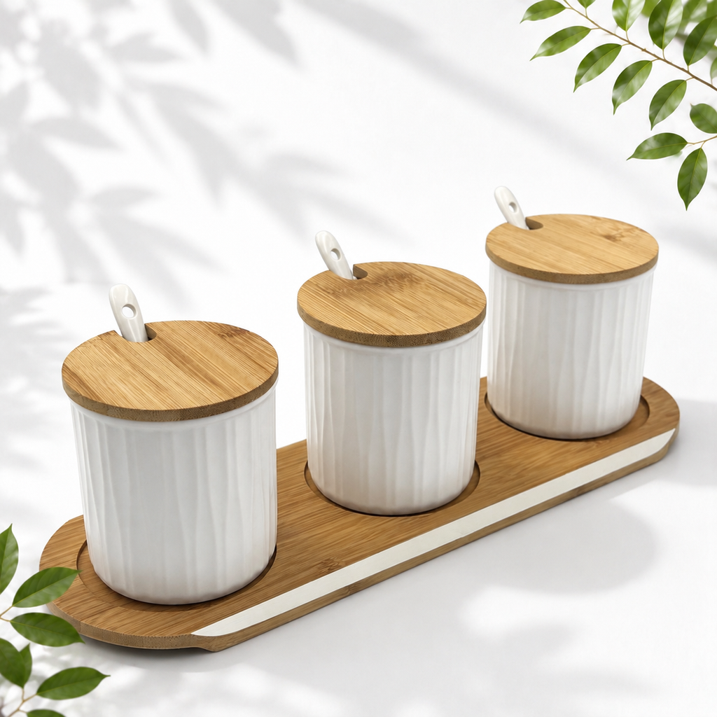 3 Ceramic Storage Jars with Bamboo Tray, White