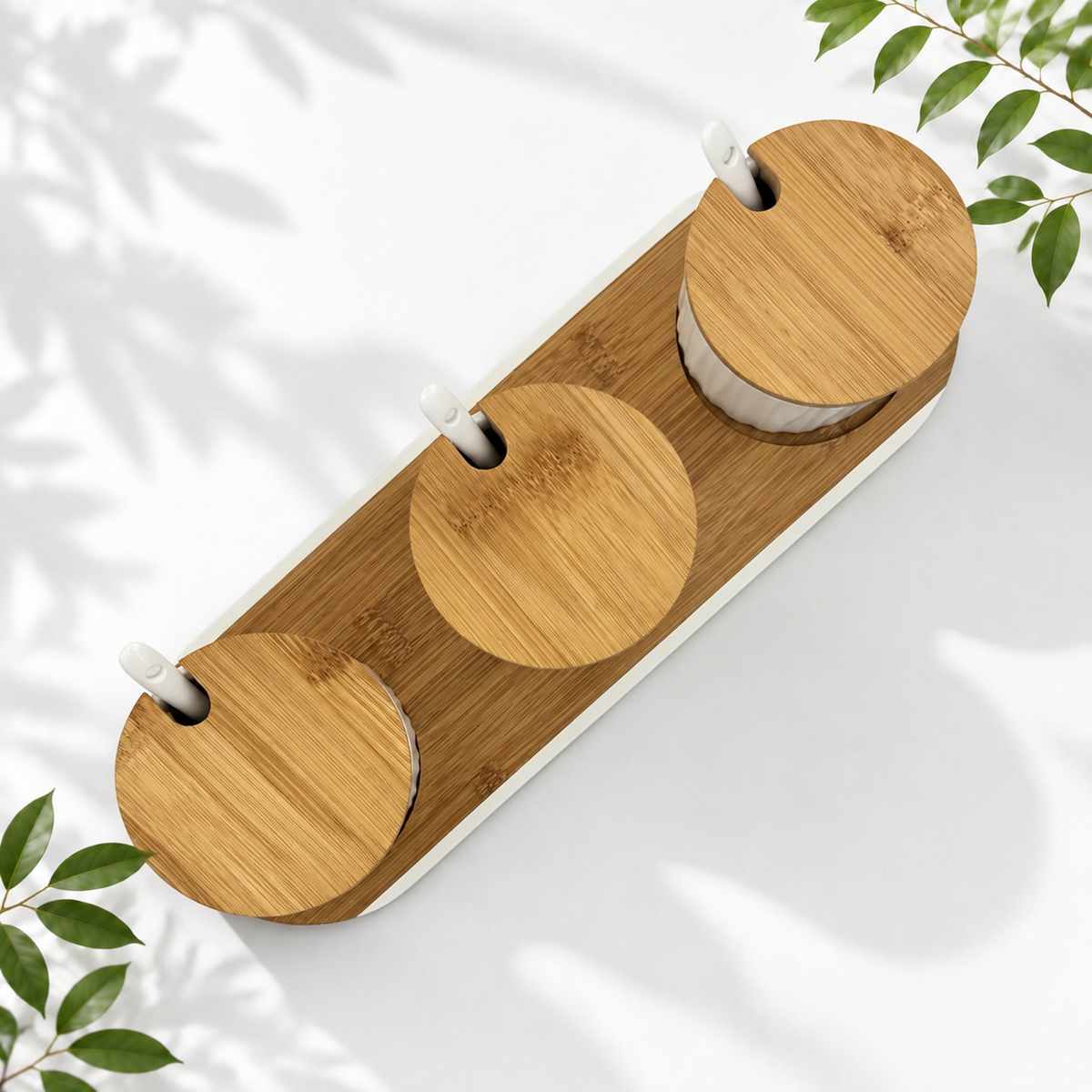 3 Ceramic Storage Jars with Bamboo Tray, White