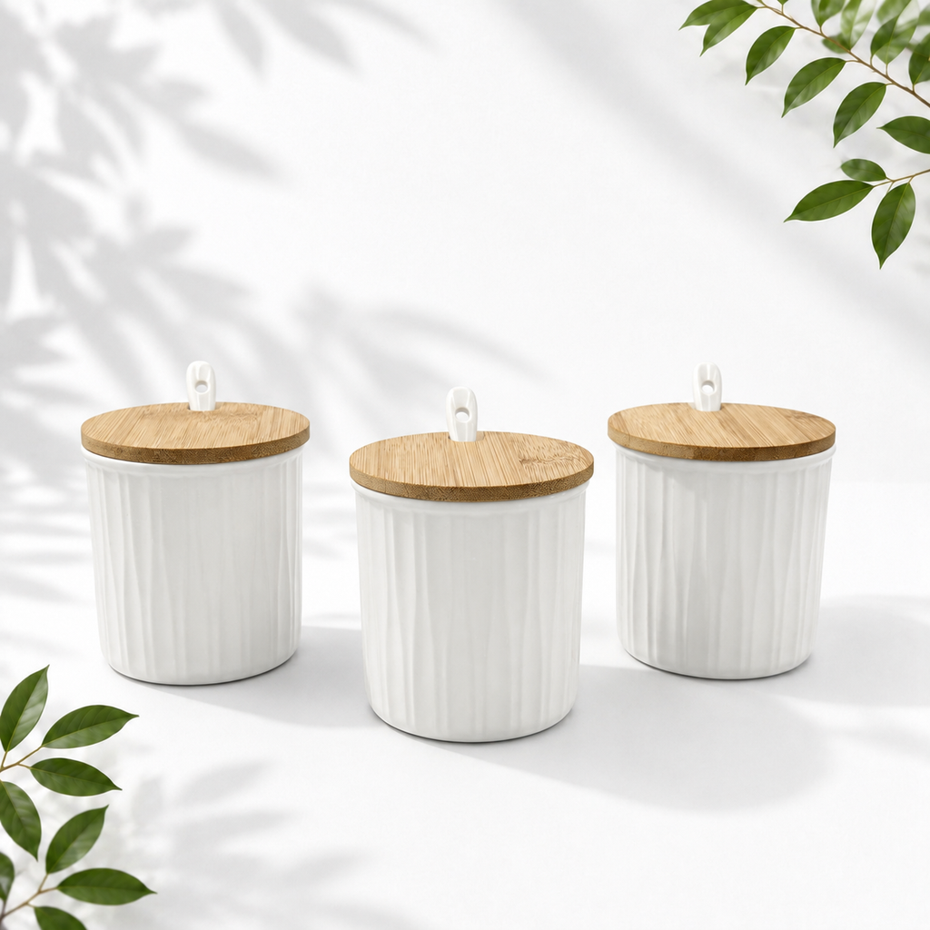 3 Ceramic Storage Jars with Bamboo Tray, White