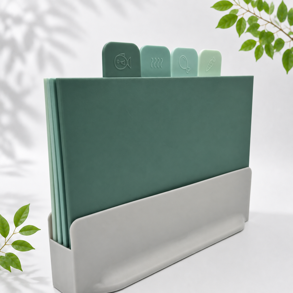 4 Green Chopping Boards with Storage Stand