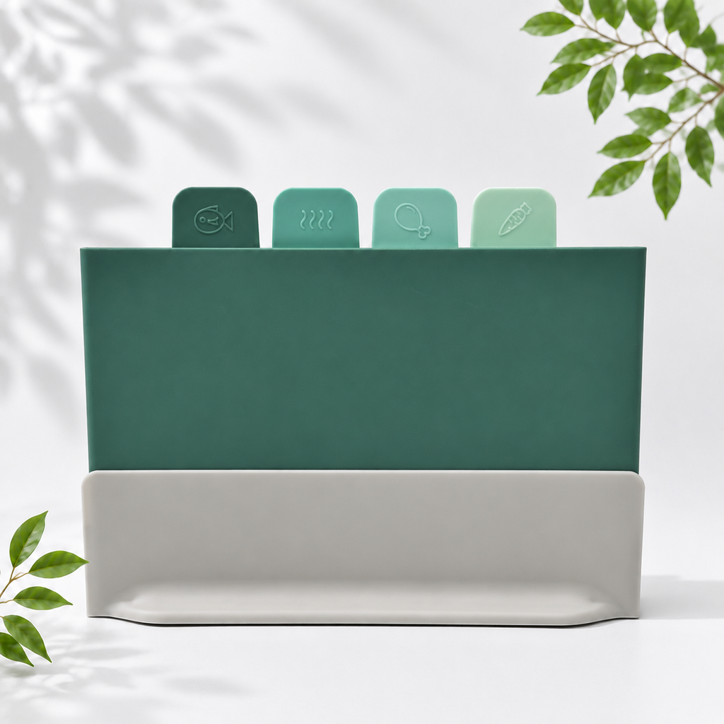 4 Green Chopping Boards with Storage Stand