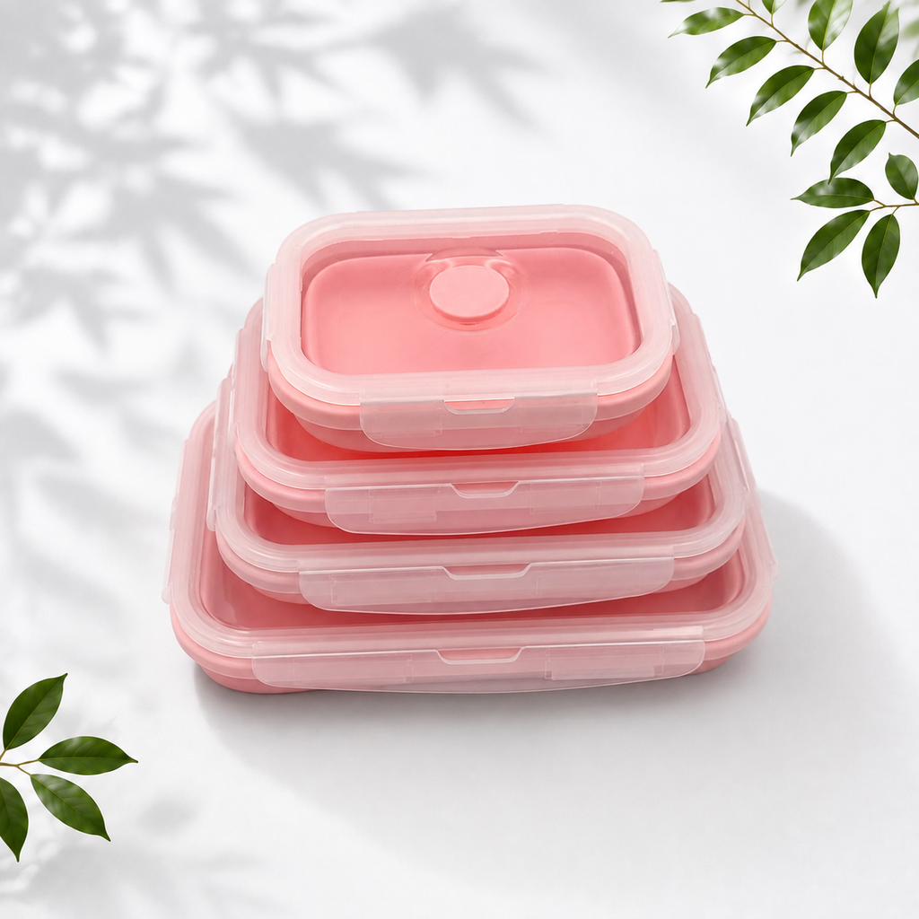 4-Piece Collapsible Silicone Food Containers, Pink