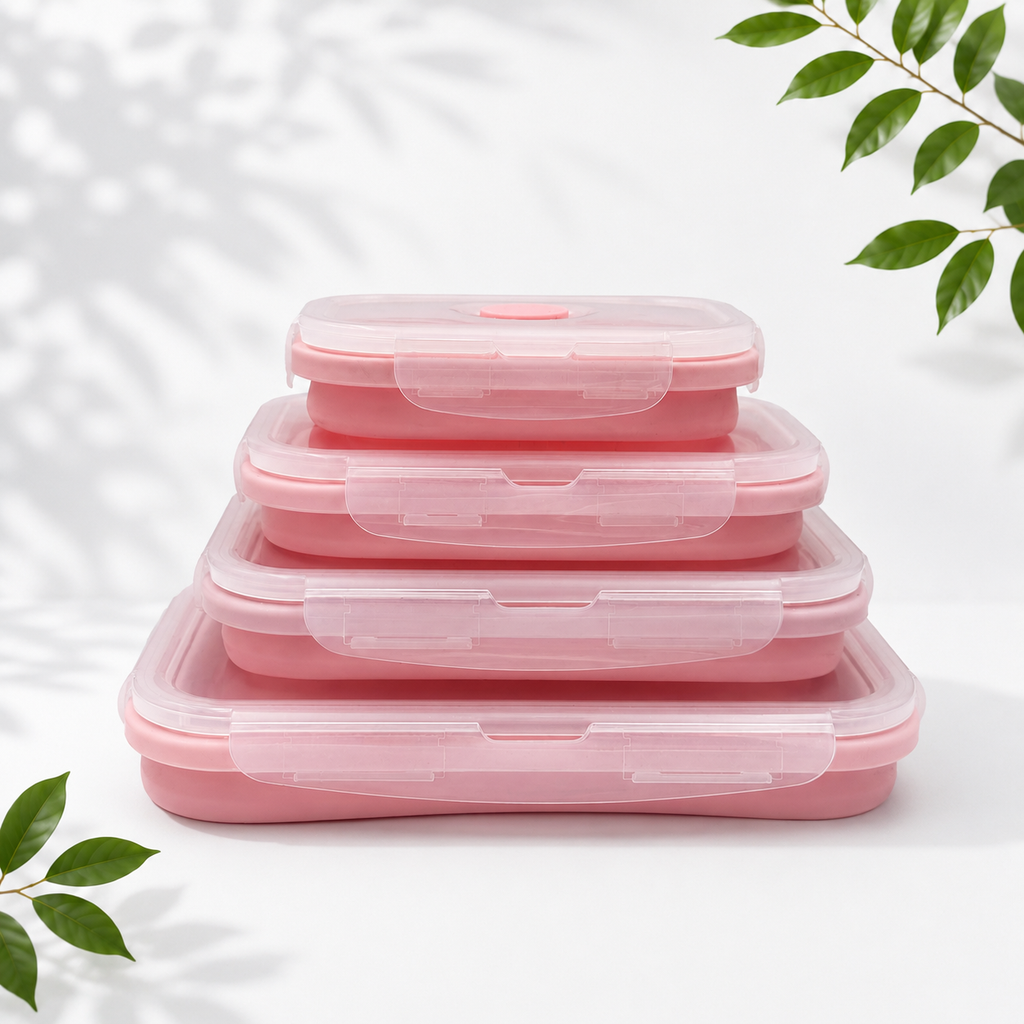 4-Piece Collapsible Silicone Food Containers, Pink