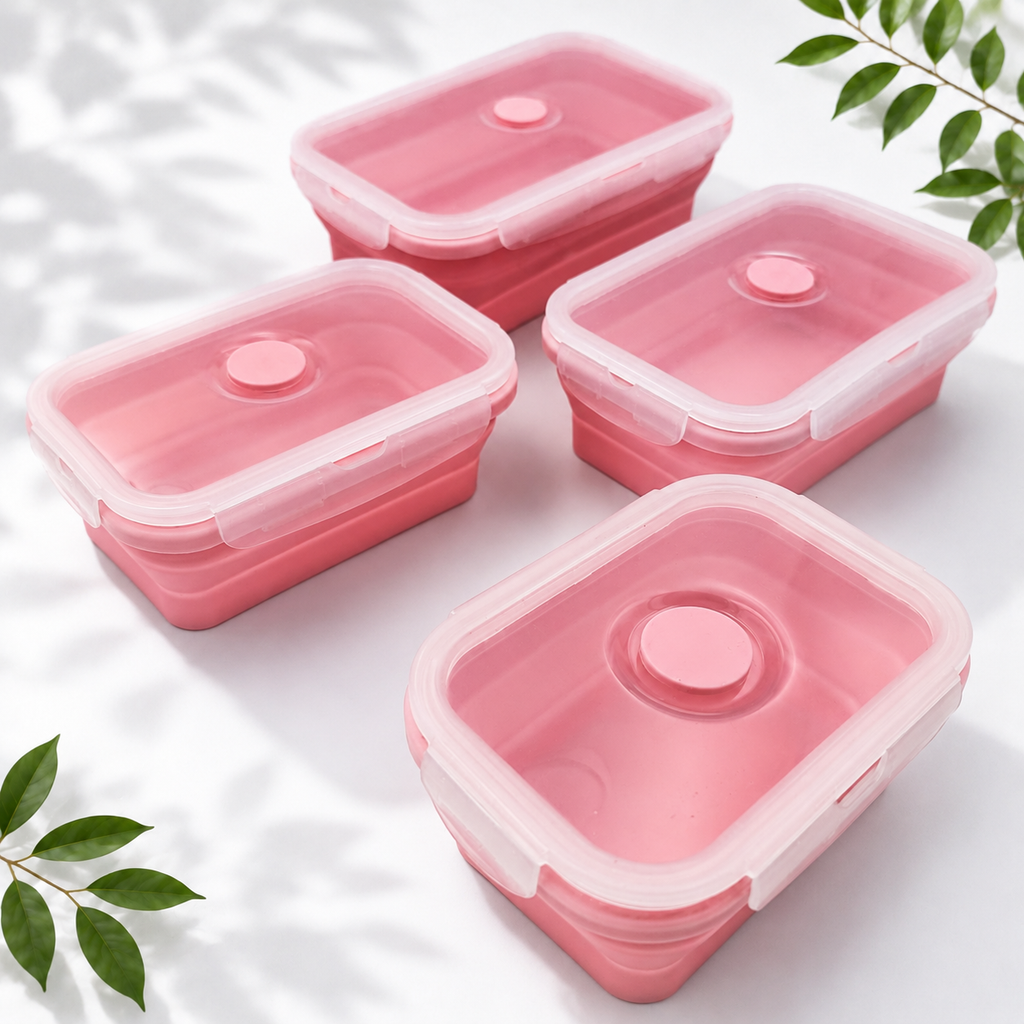 4-Piece Collapsible Silicone Food Containers, Pink