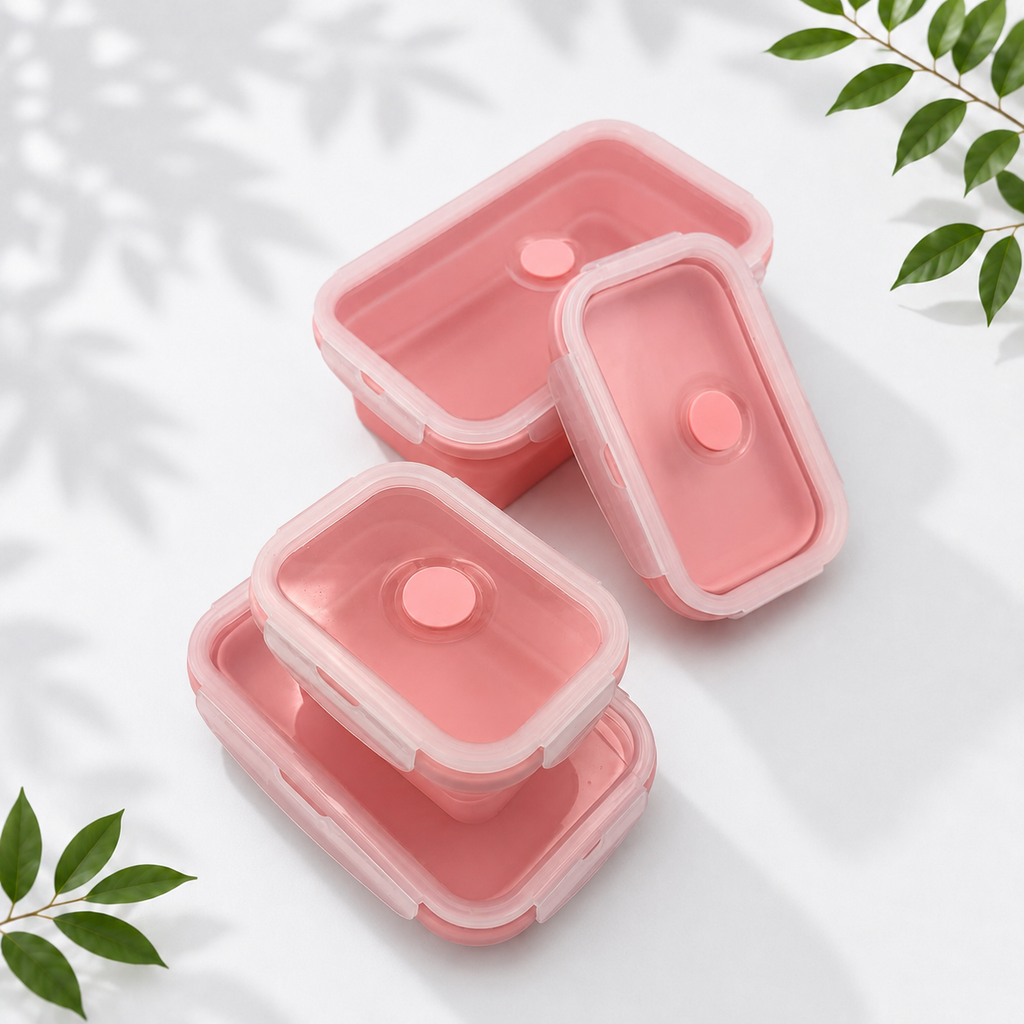 4-Piece Collapsible Silicone Food Containers, Pink