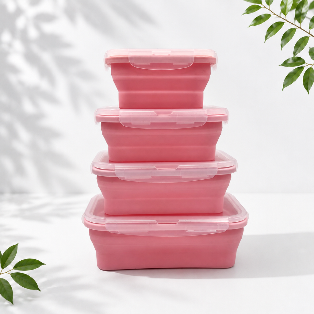 4-Piece Collapsible Silicone Food Containers, Pink