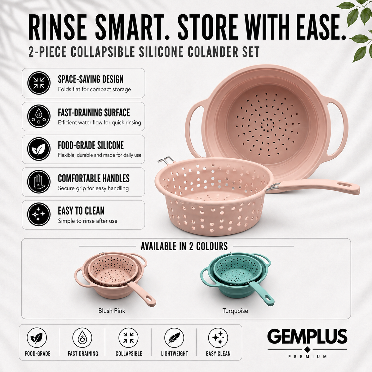 2-Piece Collapsible Silicone Colanders, Pastel Pink