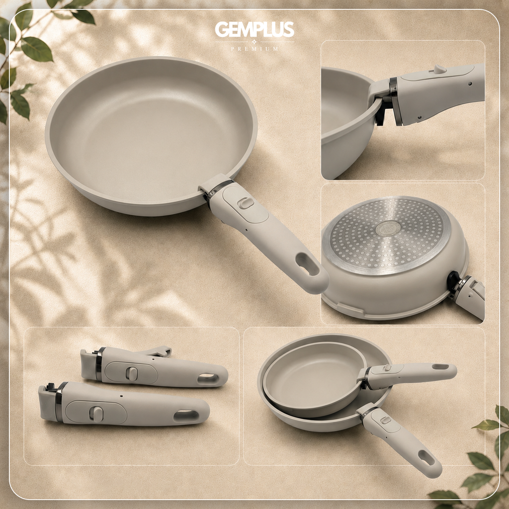 GEM+ | 17PCS Non-Stick Cookware Set Cream – Aluminium Induction Compatible Pots & Pans