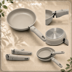 GEM+ | 17PCS Non-Stick Cookware Set Cream – Aluminium Induction Compatible Pots & Pans