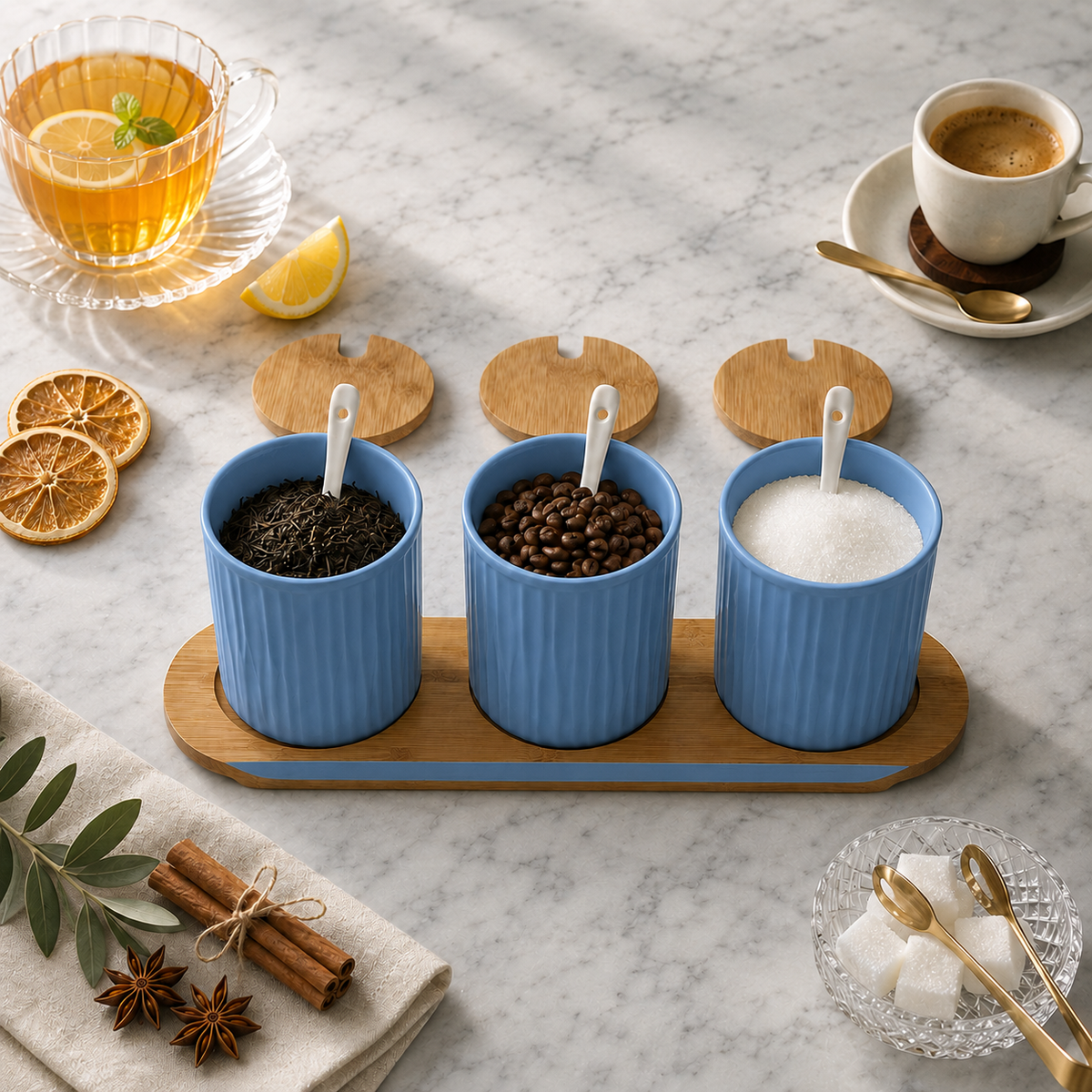 3 Ceramic Storage Jars with Bamboo Tray, Blue