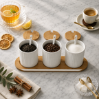 3 Ceramic Storage Jars with Bamboo Tray, White
