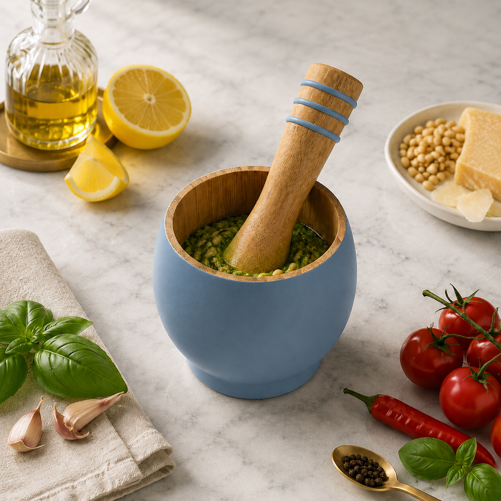 Bamboo Mortar and Pestle Set, Blue